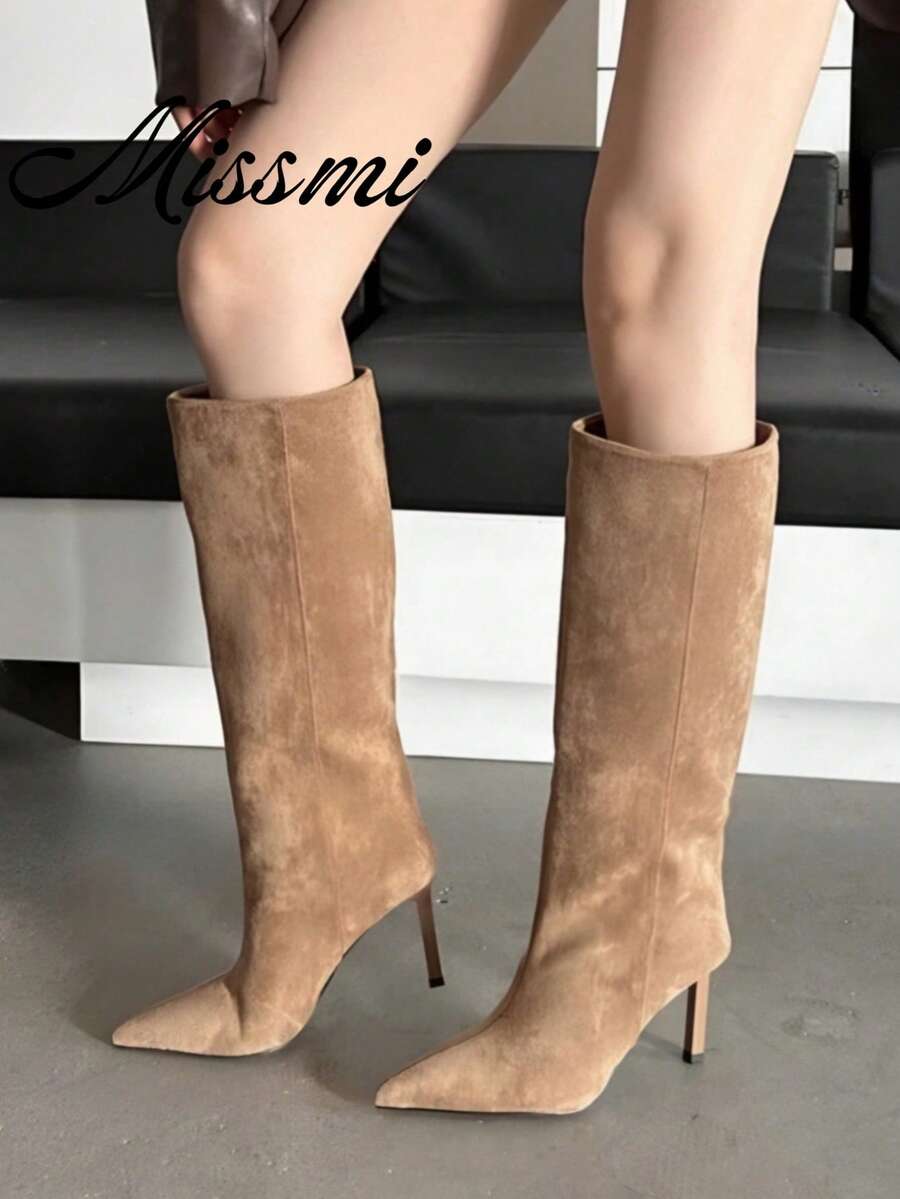 2025 New Pointed Toe Slim Fit Mid-Calf Riding Boots, Khaki Color, Women Shoes, Suitable For Spring, Autumn And Winter,Sexy,Party - Khaki - View 1