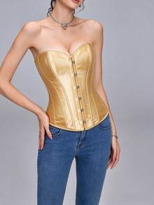 Vintage Court Style Satin Corset Top, Waist-Cinching Body-Shaping Bustier, Sexy Figure-Enhancing Top For Women, Halloween Costume, Role Play, Apricot - Apricot - View 8