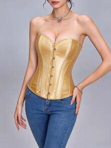 Vintage Court Style Satin Corset Top, Waist-Cinching Body-Shaping Bustier, Sexy Figure-Enhancing Top For Women, Halloween Costume, Role Play, Apricot - Apricot - View 9