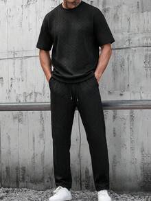 New Black 3D Herringbone Wheat Jacquard Round Neck Short Sleeve T-Shirt & Drawstring Straight Leg Pants Men's Minimalist Relaxed Casual 2-Piece Set - Black - View 3