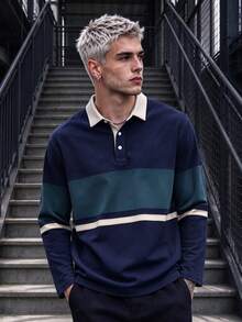 Men's American Vintage Navy Blue Colorblock Long Sleeve Rugby Polo Shirt, Cream Collar Colorblock Patchwork Loose Casual Top - Navy Blue - View 1