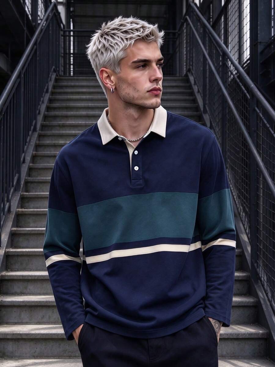 Men's American Vintage Navy Blue Colorblock Long Sleeve Rugby Polo Shirt, Cream Collar Colorblock Patchwork Loose Casual Top - Navy Blue - View 1