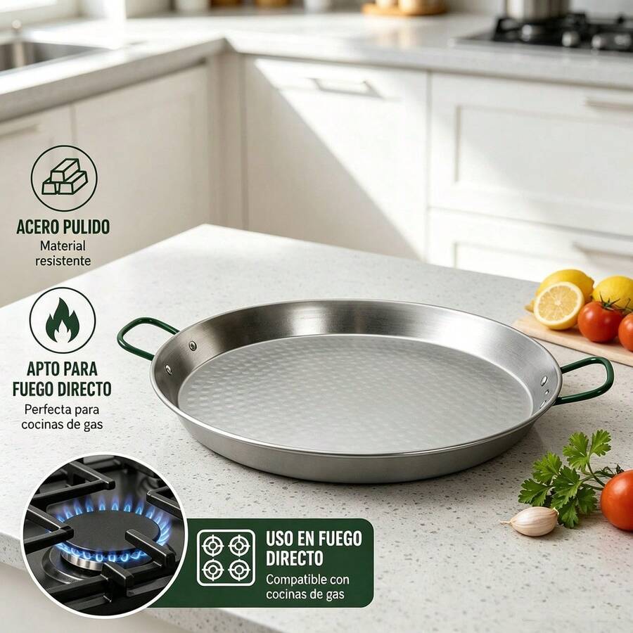 Traditional Polished Steel Paella Pan 34.5x44.5x5cm Paella Pan With Green Handles Ideal For Gas Cooker And Direct Fire Cooking Tray For Rice And Traditional Stews - View 1