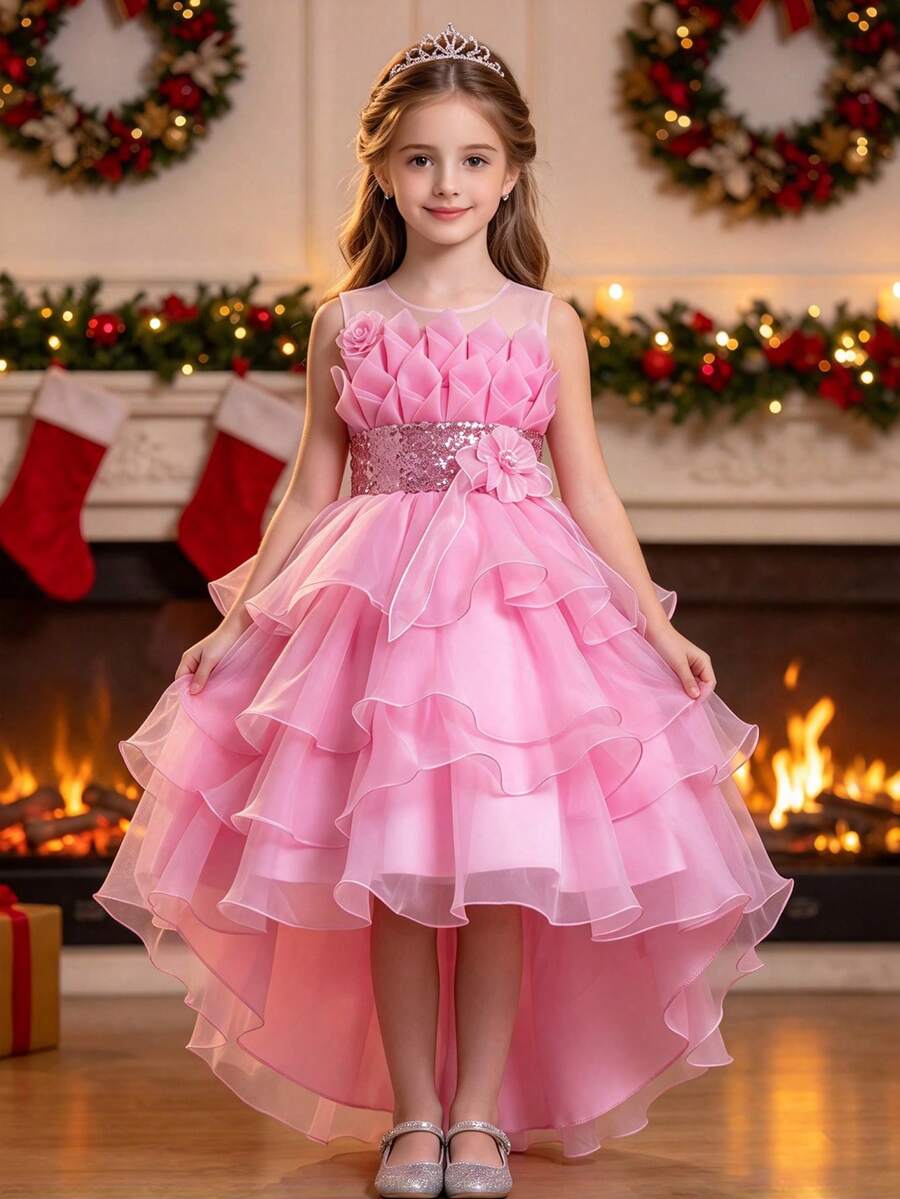 Tween Girl Sequin Multilayer Tulle Party Dress, High-Low Hem Princess Dress For Weddings, Graduations, 4-Seasons