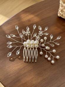 1pc Luxury Shiny Handmade Beaded Pearl Rhinestone Leaf Hair Comb, Silver Metal Hair Comb, Bridal Banquet Back Head Bun Hair Accessory - Multicolor - View 7