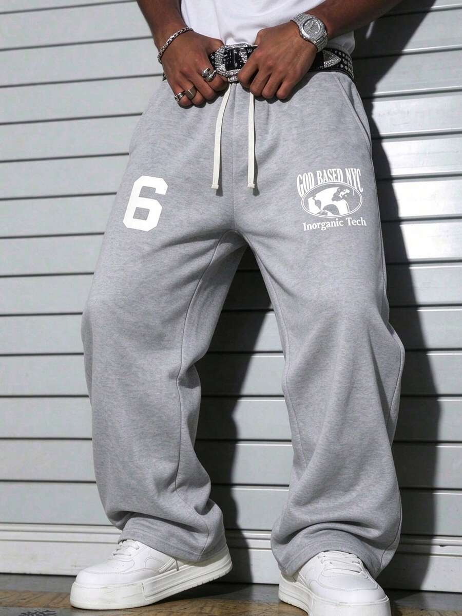 Men's Fashion Casual Sports Sweatpants, Fashion Print, Drawstring Waist, Straight Leg Sweatpants, Suitable For Indoor And Outdoor Wear, Ideal For Casual Sports, Running, Etc., Can Be Used As Couple Gift, Available In Multiple Colors - Light Grey - View 1