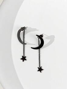 1 Pair Women's Fashionable & Elegant Star & Moon Earrings, Versatile For Daily Wear - Black - View 3