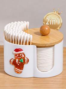 特大號新款薑餅人造型竹蓋塑膠收納盒 (2合1)，桌面化妝品收納盒，雙圓孔設計，適合存放化妝刷與美容工具，理想的化妝收納盒、梳妝台配件，女性禮物 - 彩色 - 查看 3