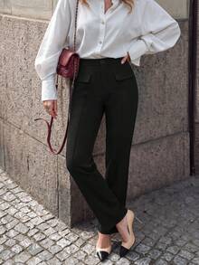 minisummer Women Fall High Waist Flared Work Pants Back Elastic Waist Pocket Detail Office Suit Trousers - Black - View 2