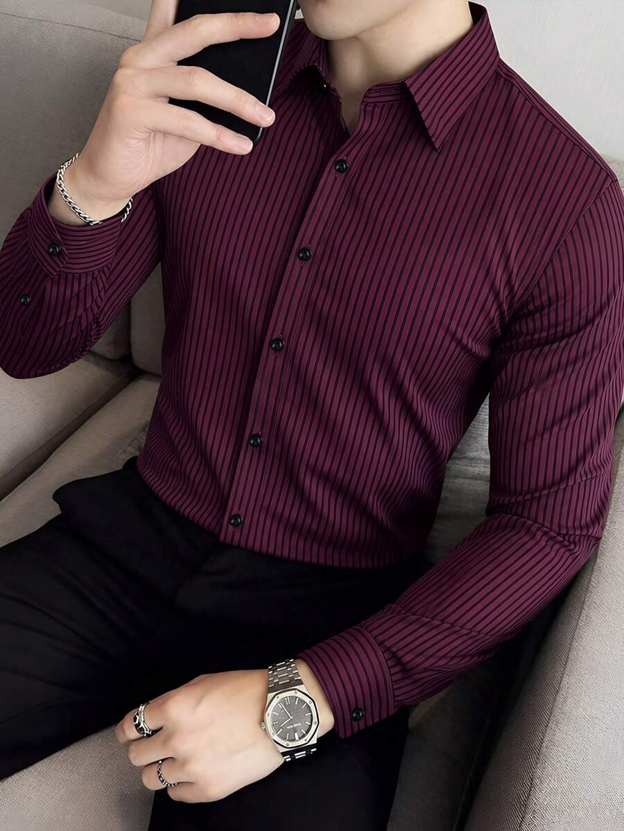 男士时尚商务休闲条纹印花长袖衬衫，秋季