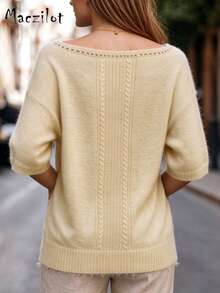 Women's Plus Size Soft Fluffy Cold Shoulder Knit Top, Short Sleeve Textured Sweater, Autumn Office Casual Slim Fit Fashion Outfit - Khaki - View 4
