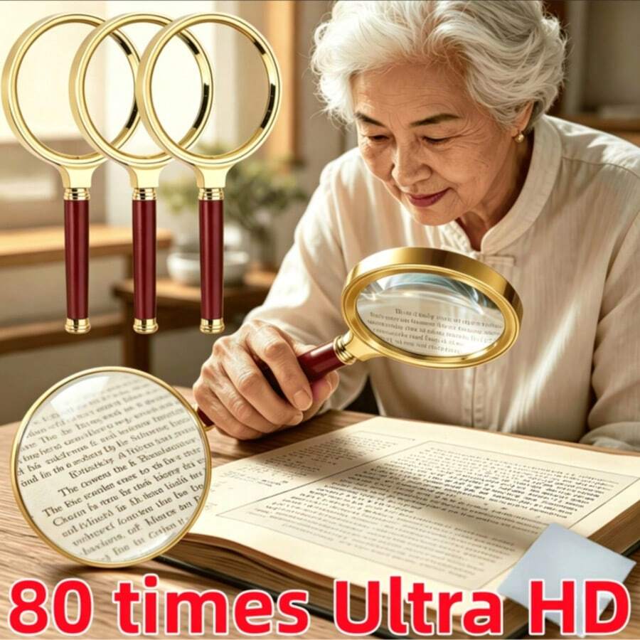 2pcs Set (1pc Extra Large Upgraded 80x Magnifying Glass And 1pc Random Color Cleaning Cloth) Large Handheld Metal Magnifier, Ergonomic Handle, Portable Multi-Function Magnifying Glass, Suitable For Viewing Jewelry - Multiple Styles - View 1
