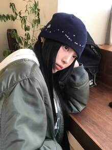1pc Korean Style Letter Embroidered Knit Beanie Hat For Women, Versatile For Autumn/Winter, Large Head Circumference, Face-Slimming, Blogger Style - Multicolor - View 1
