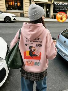 Autumn/Winter Women's Fleece Hoodie, Dog Graphic With English Lettering, Y2K Style - Sand Red - View 10