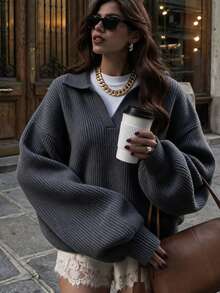 FOR BEAUTY Fall Winter Y2K Elegant Casual Grey Polo Collar Ribbed Knit Sweater Pullover Tops Women Going Out Party Vacation Concert Outfits - Grey - View 1