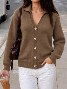 Solid Color Knit Button Cardigan Sweater, Casual Elegant Versatile Commuter Style, Suitable For Holiday, Office, Daily, Date, Travel, Tea Party, Country Music Concert, Airport Outfit, Autumn/Winter - Coffee Brown - View 1