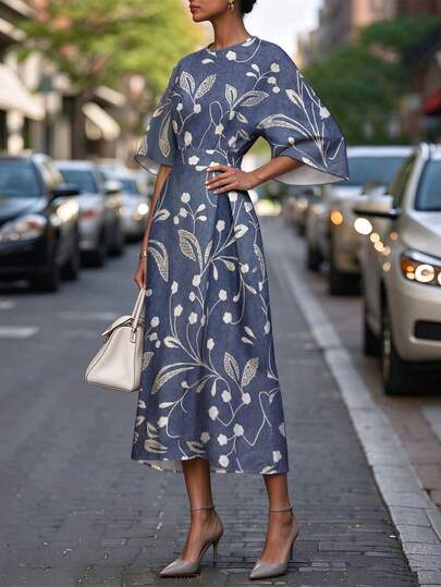 Women's Vintage Floral Print Dress, Round Neck, Waist-Cinching Slimming, Elegant Commuter Long Dress