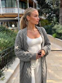 Plus Size Women's Dropped Shoulder Long Sleeve Casual Long Knit Cardigan - Grey - View 8