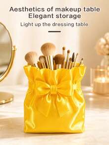 Cute Bow Satin Makeup Brush Holder, 3D Printed Storage Decor, Bow Pen Holder Storage Tube, Pleated Silky Makeup Storage Cup, Decorative Desktop Storage Container Suitable For Vanity, Girls Makeup Accessories - Multicolor - View 3