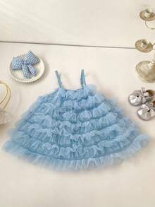 Summer Baby Girl Dress, New Sweet Mesh Spaghetti Strap Dress, Super Cute Cake Skirt - Blue - View 4