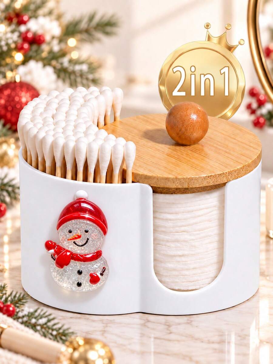 Extra Large New Christmas Snowman Shaped Bamboo Lid Plastic Storage Box (2-In-1), With Dual Round Hole Design Desktop Cosmetic Organizer, Suitable For Storing Makeup Brushes And Beauty Tools, Ideal Cosmetic Organizer, Vanity Accessory And Gift For Women - Multicolor - View 1