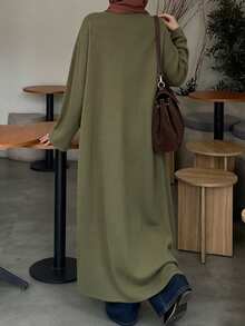 Women's Round Neck Long Sleeve Overlap Split Metal Decor Pure Cotton Long Elegant Outerwear Shirt Robe, Autumn/Winter - Army Green - View 5