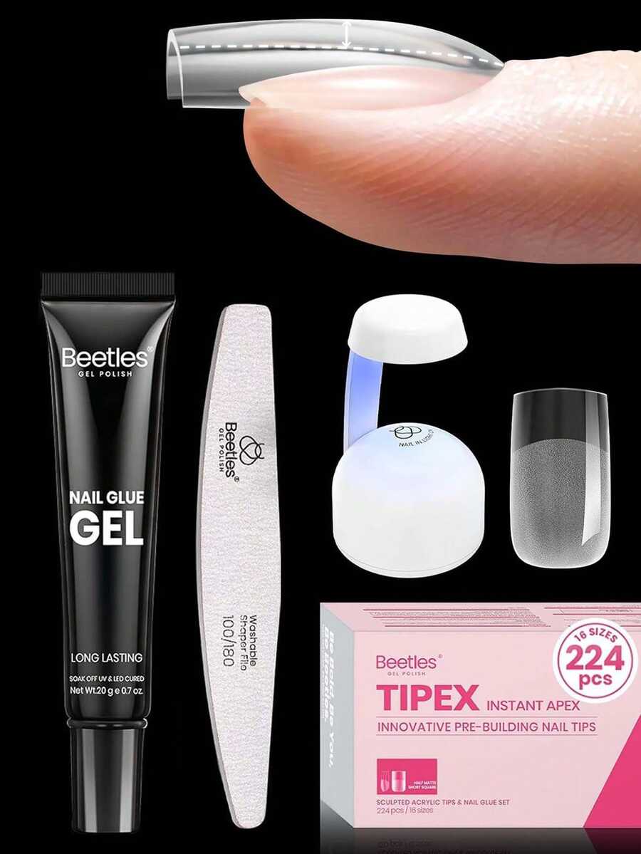 Beetles Tipex Lite Apex Wearable Nail Set, Long Square, 192pcs 16 Sizes, Includes Solid Color Nail Gel, Mini UV Lamp, DIY Salon-Grade Nail Extension - Multicolor - View 1