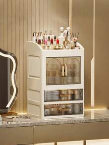 Large Capacity Skincare Storage Cabinet With Drawers And Dust-Proof Design, Countertop Cosmetic Organizer For Lipstick, Perfume, Lotion, Bathroom Vanity Storage Solution, Space-Saving Luxury Transparent Striped Door Makeup Storage Box - Multicolor - View 6