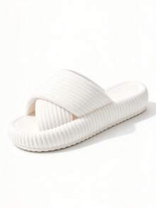 Women's Cross Strap Corduroy Slippers, Solid Color Flat Open Toe Indoor House Slippers, Soft Non-Slip Home Slippers, Size Runs Small, Please Order One Size Up - Beige - View 11