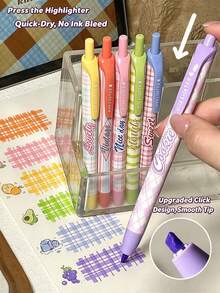 1/6pcs Cute Plaid Retractable Highlighter Pen Set, Quick-Dry Non-Bleed Highlighter Pens, Highly Attractive Retractable Marker Pens, Student Note-Taking Marking Planner, Office & Study Stationery - Sets - View 3