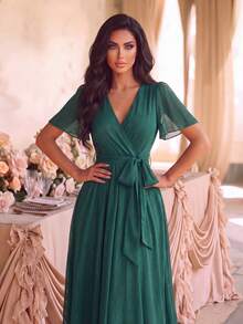 Elegant Green Bridesmaid Dress With Flounce Short Sleeves, Overlap Collar, And Belted Long Skirt, Perfect For Formal Parties And Prom - Dark Green - View 6