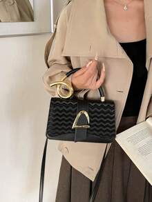 2026Ladies Wave Embossed PU Leather Small Handbag, Top Handle Crossbody Bag, Elegant Shoulder Purse For Dating Party Daily Use - Black - View 4