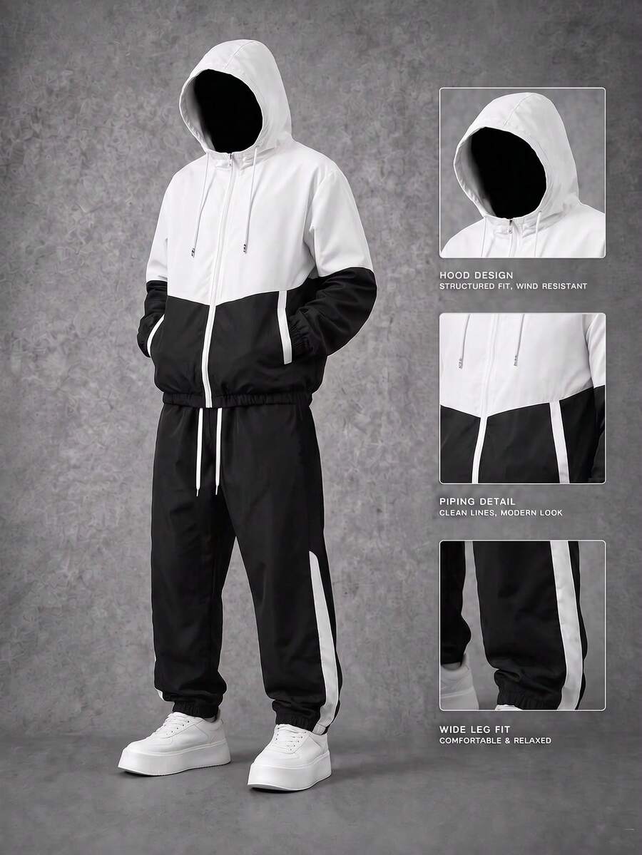 2 Pieces Breathable Colorblock Running & Fitness Workout Set, Includes Top And Pants Black Sports - Black - View 1