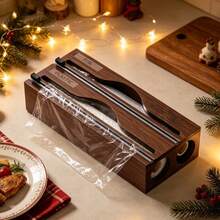 2 In 1 Wooden Cling Film Cutter, Drawer-Style Foil & Baking Wax Paper Storage Box With Built-In Sliding Blade, Smooth & Neat Cutting, No Tearing, Bamboo Texture, Fits Directly Into Kitchen Drawer, Space-Saving - Brown - View 1
