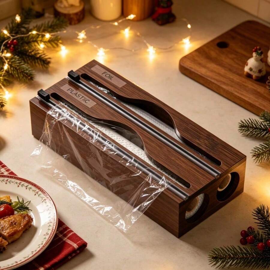 2 In 1 Wooden Cling Film Cutter, Drawer-Style Foil & Baking Wax Paper Storage Box With Built-In Sliding Blade, Smooth & Neat Cutting, No Tearing, Bamboo Texture, Fits Directly Into Kitchen Drawer, Space-Saving - Brown - View 1