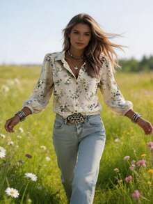 Women's Elegant Apricot Ditsy Floral Open Front Blouse, Lightweight Linen Printed Shirt, Lantern Sleeve Loose Casual Top, Breathable Flowy Blouse, Suitable For Daily Wear, Vacation, Yoga, Outdoor Activities, Spring Summer Autumn Fashion Women's Shirt - Apricot - View 4