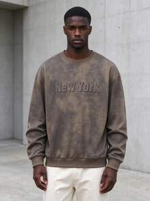 Men's Vintage Tie-Dye Crew Neck Sweatshirt New York Embossed Letter Loose Fit Long Sleeve Top - Brown - View 2
