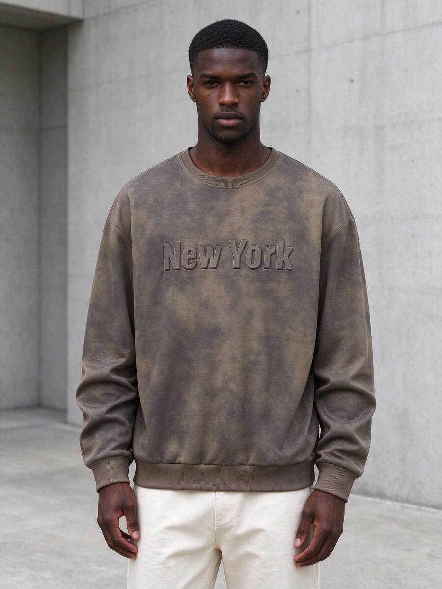 Men's Vintage Tie-Dye Crew Neck Sweatshirt New York Embossed Letter Loose Fit Long Sleeve Top