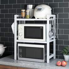 3-Tier Extendable Microwave Oven Rack, Kitchen Countertop Storage Organizer With 6 Hooks, Free Standing Adjustable Spice Rack For Kitchen, Heavy Duty Microwave Stand Baker's Rack Pot & Pan Rack - White - View 4