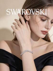 SWAROVSKI Wave Pave Crystal Bracelet, Asymmetrical Curved Open Cuff, Birthday Gift For Girlfriend - Silver - View 4