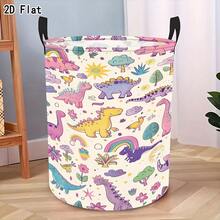 Cream-Colored Cartoon Dinosaur Rainbow Floral Print Storage Bucket, Foldable Laundry Basket With Handle, For Room Toys And Dirty Clothes Storage - Multicolor - View 1