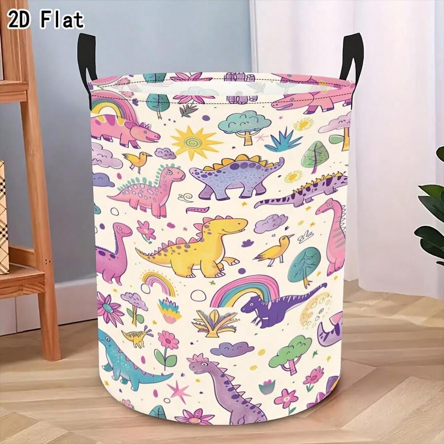 Cream-Colored Cartoon Dinosaur Rainbow Floral Print Storage Bucket, Foldable Laundry Basket With Handle, For Room Toys And Dirty Clothes Storage - Multicolor - View 1