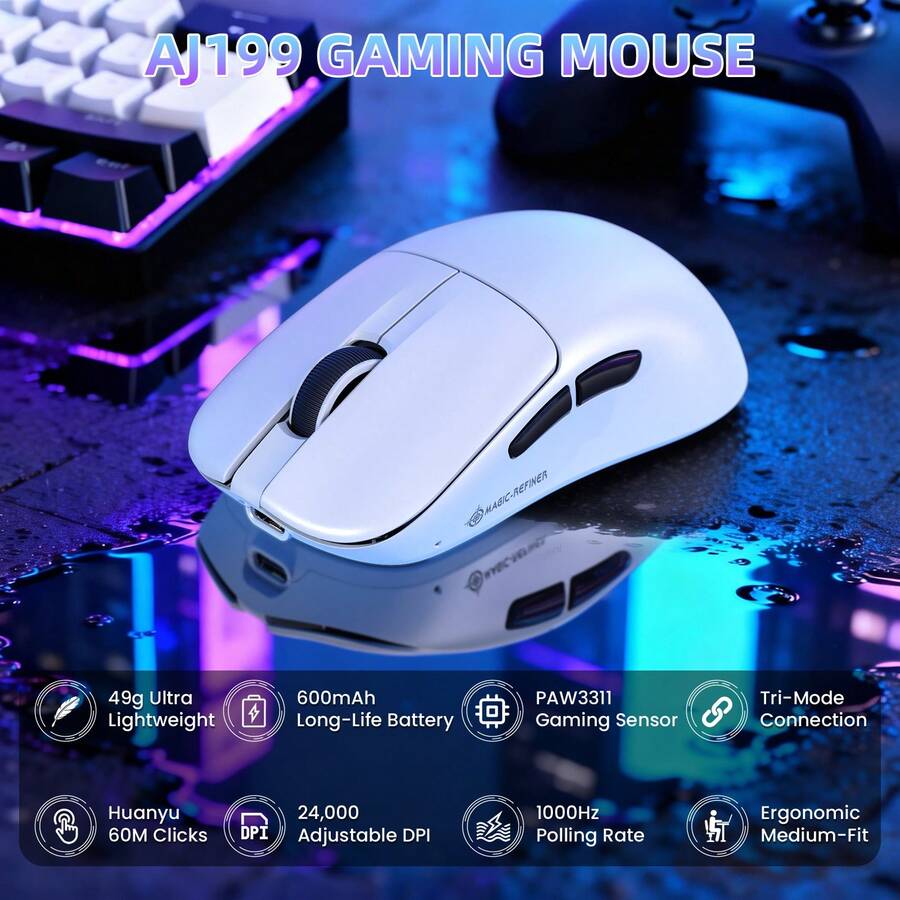 *Magic-Refiner AJ199 Mouse Gaming Nirkabel Ringan, Tri-Mode (2.4G/Berkabel/BT), 24K DPI, Sensor Optik PAW3311, Tingkat Polling 1000Hz, 600mAh, 49g, Mouse Ergonomis untuk Tangan Sedang hingga Besar, Stiker Anti Selip Termasuk - View 1