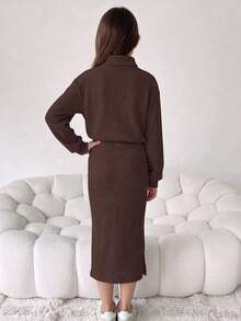 Tween Girl Solid Color High Neck Dropped Shoulder Long Sleeve Ruched Casual Dress - Brown - View 3