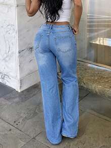 Women's Retro Loose Stacked Straight Denim Pants Casual Spring Fall - Light Wash - View 2
