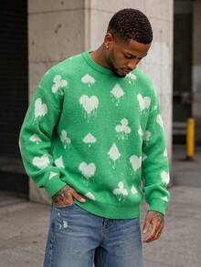 BLACKTOEXIT Men's Crew Neck Poker Card Element Jacquard Sweater, Heart Spade Club Ink Splatter Design Loose Drop Shoulder Autumn/Winter Pullover Knit Sweater - Green - View 1