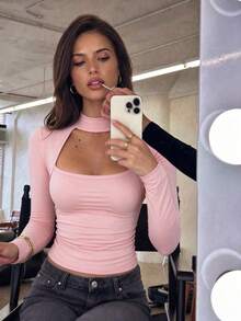 Sexy Hollow Chest Fitted Curve Women's Top, Autumn/Winter New Style, Party/Daily/Commute - Pink - View 2