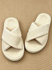 Women's Cross Strap Corduroy Slippers, Solid Color Flat Open Toe Indoor House Slippers, Soft Non-Slip Home Slippers, Size Runs Small, Please Order One Size Up - Beige - View 6