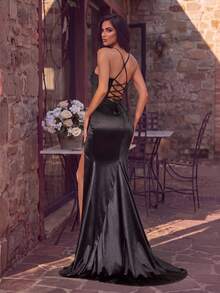 Ruched Bust Backless Tie-Up Slit Thigh Satin Spaghetti Strap Evening Dress - Black - View 2