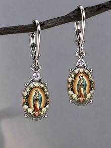Hand-Painted Virgin Mary Earrings Vintage Floral Icon Stud Earrings Catholic Religious Jewelry Gift For Women - Silver - View 6
